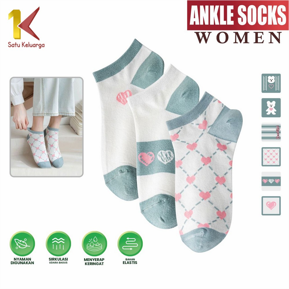 Satu Keluarga Ankle Socks Kaos Kaki Wanita Dewasa Motif Love P584 Kaos Kaki Pendek Semata Kaki Bahan
