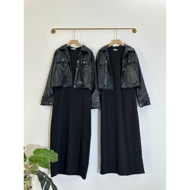 JENIFER SET JAKET KULIT MIX INNER KNIT IMPORT / SETELAN MIDI DRES KNIT IMPORT SET JAKET PREMIUM KULI