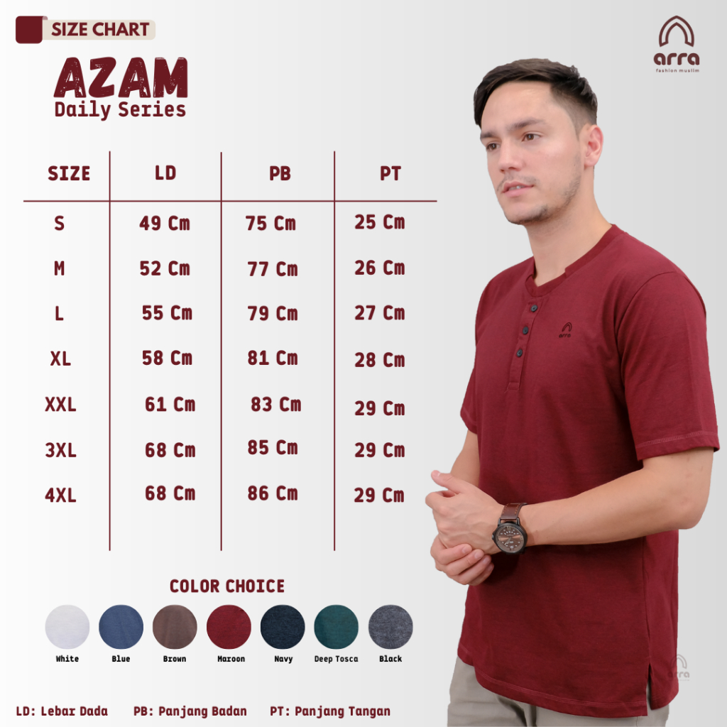 Arra Azam Baju Koko Pria Lengan Pendek Dewasa Bahan Katun Two Tone Size S M L XL XXL 3XL 4XL Warna Navy Brown Maroon Deep Tosca White Blue Black