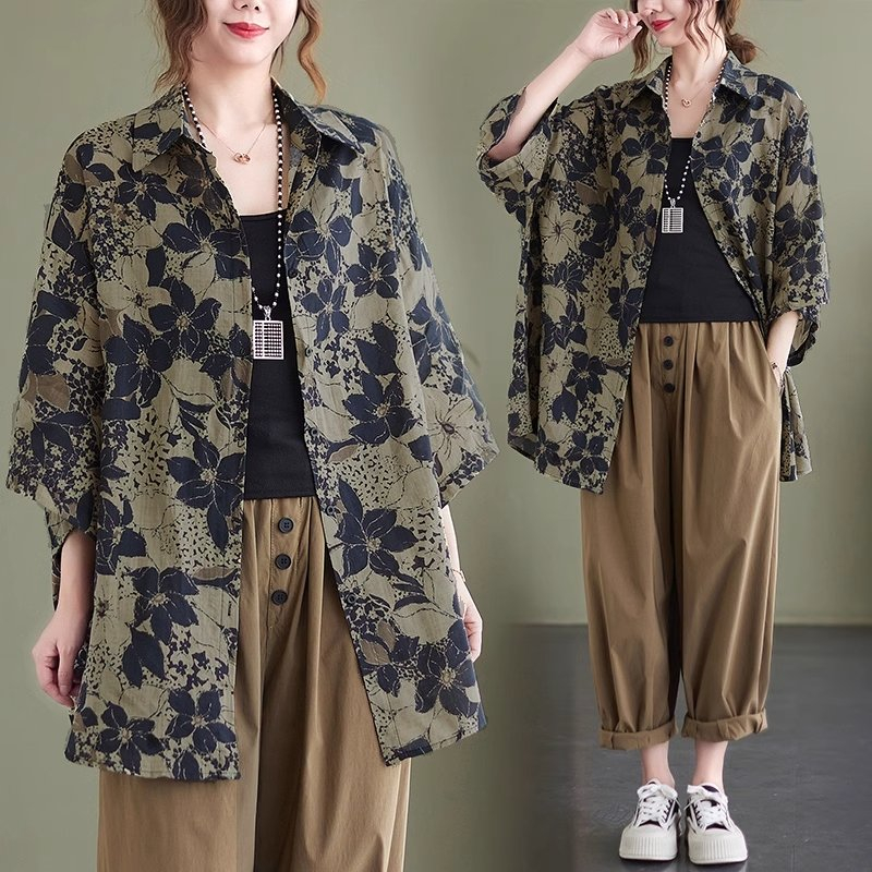 LC422 Oversized Floral Shirt Kemeja Motif Bunga Vintage Retro