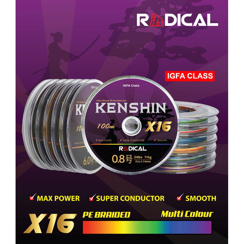 PE | Braided RADICAL KENSHIN X16 100M | Multicolour
