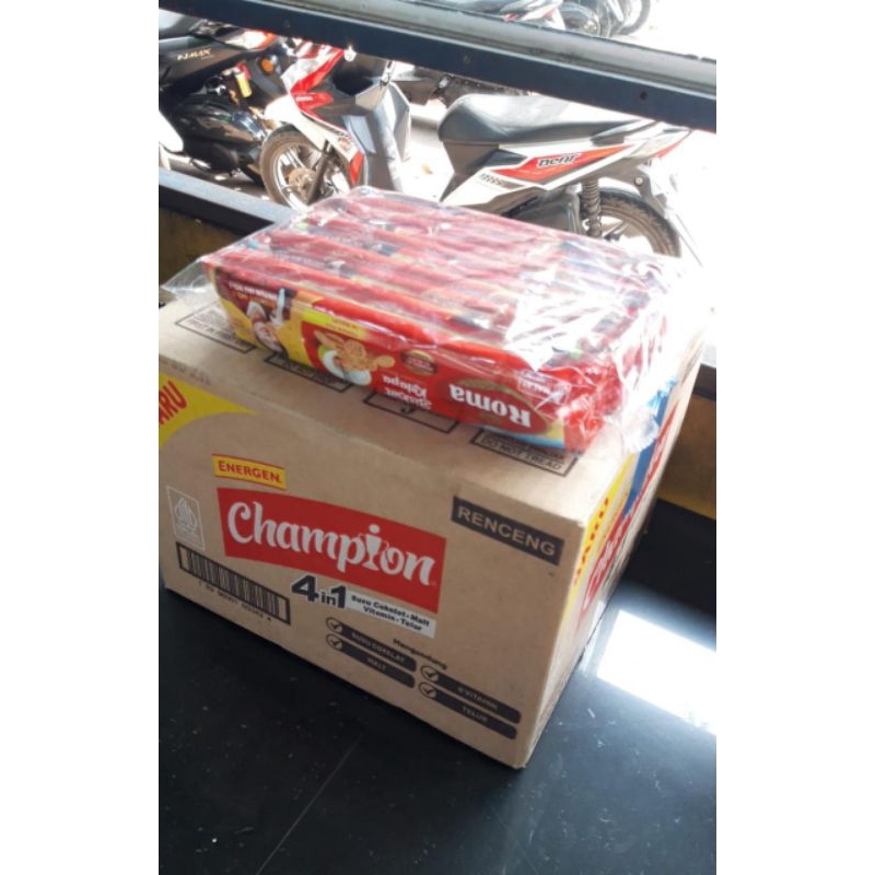 

Energen champion 4 in 1 dus karton isi 12 renteng renceng minuman cokelat susu mayora