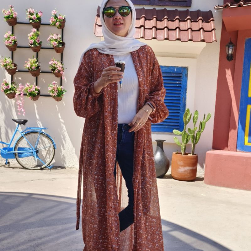 imora kimono 2in1 long outer cardigan lengan panjang ceruty motif bunga etnik klasik bigsize