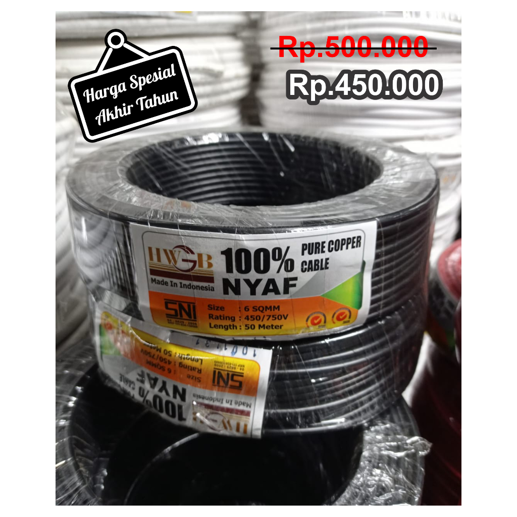 Kabel Listrik Serabut Tunggal  NYAF 6 mm Hitam Merek HWGB ( Panjang 50 meter )