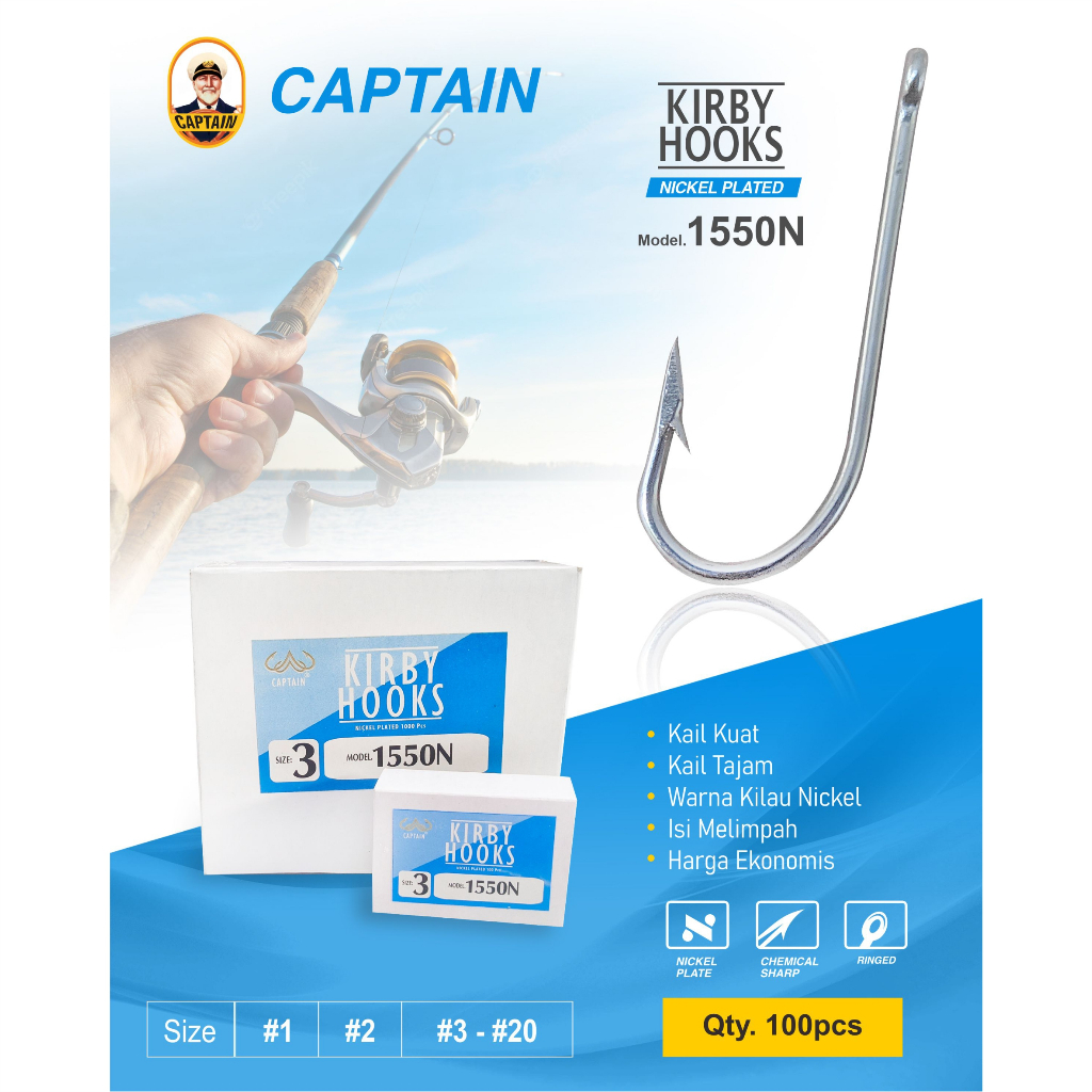 Hook/ Kail Pancing - Captain 1550N, Kirby Hooks Nickel Plated, Kail Glossy,  No 1-20, Isi 100pcs