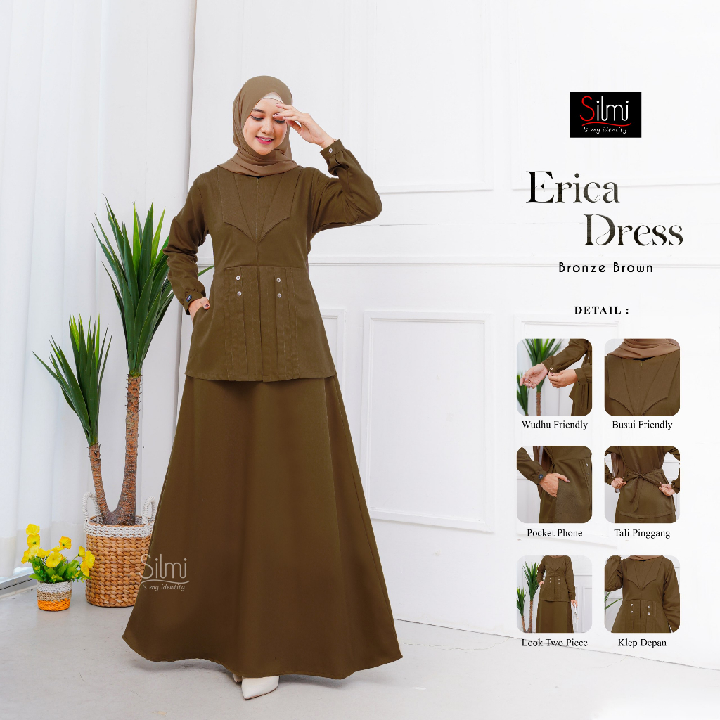 ERICA DRESS BRONZE BROWN ORIGINAL BY SILMI FASHION BAJU WANITA MUSLIM BUSUI DRESS PNS WARNA COKLAT B