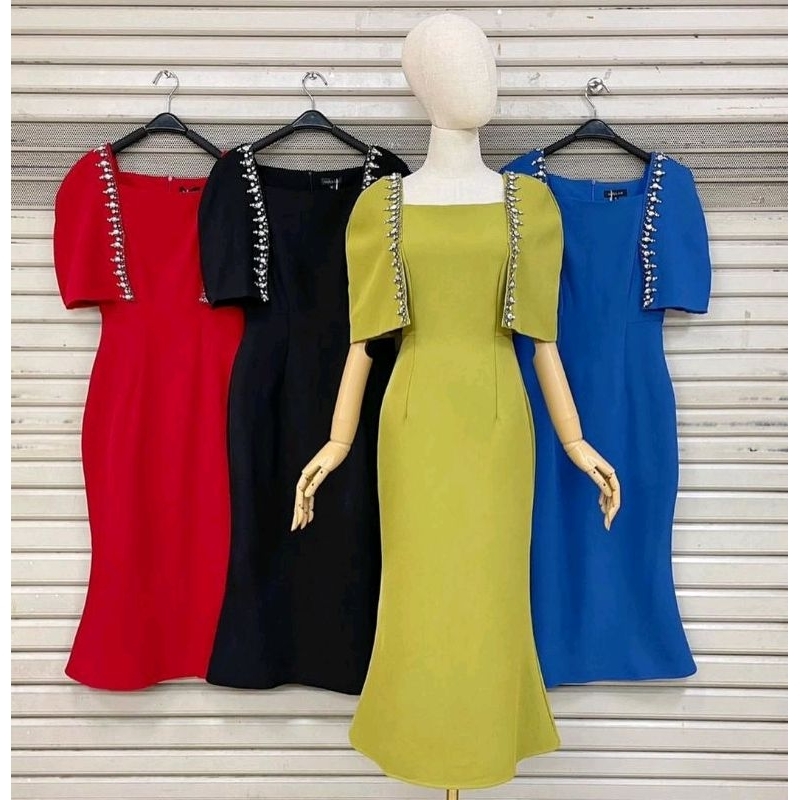 Pamela Midi Bodycon Dress Katun Warna Elegan