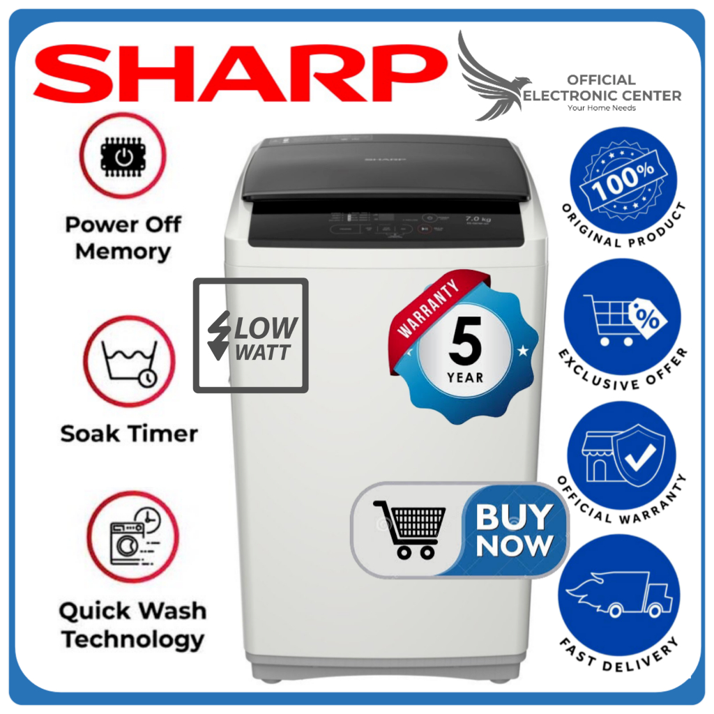 SHARP MESIN CUCI 1 TABUNG 7KG ES-G876P-GY ES G876P GY ESG876P FULL AUTO QUICK WASH LOW WATT TOP LOAD