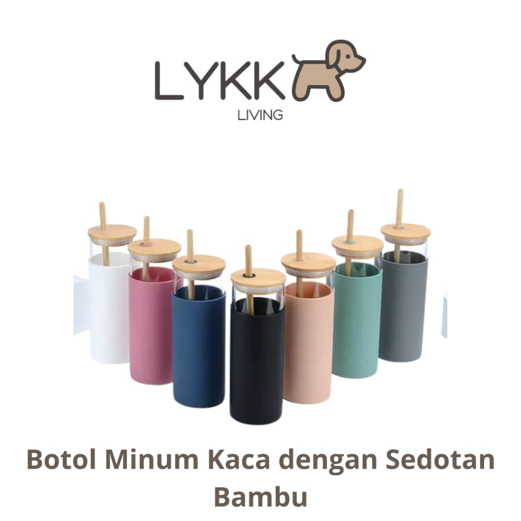 KENICHI Botol Minum Kaca dengan Sedotan Bambu - Glass Tumbler Straw Silicone Sleeve - Glass Tumbler 