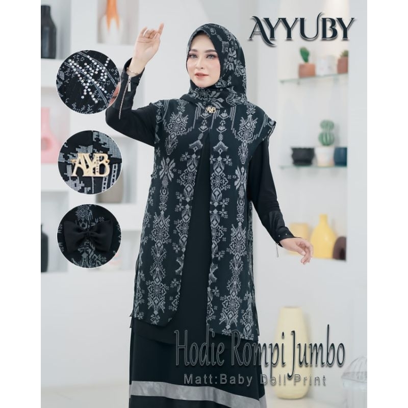 HIJAB ROMPI HOODY JUMBO BAHAN BABYDOLL PRINT ORI AYYUBY