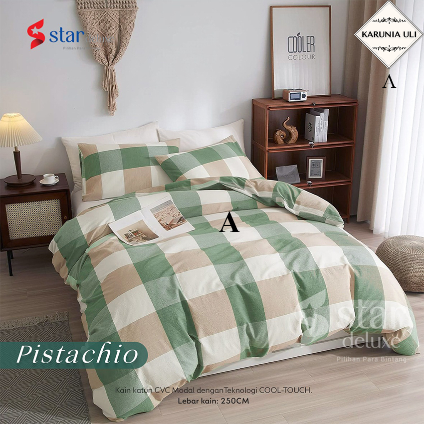Sprei Katun Lokal STAR DELUXE Halus kotak-kotak hijau cream PISTACHIO anak dewasa unisex, aesthetic 