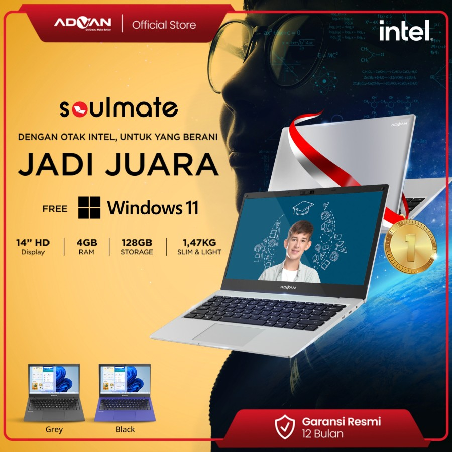 Cicilan 0% - ADVAN Soulmate Laptop 14" Intel Celeron N4020 4GB 128GB Windows 11 Garansi Resmi 1 Tahu