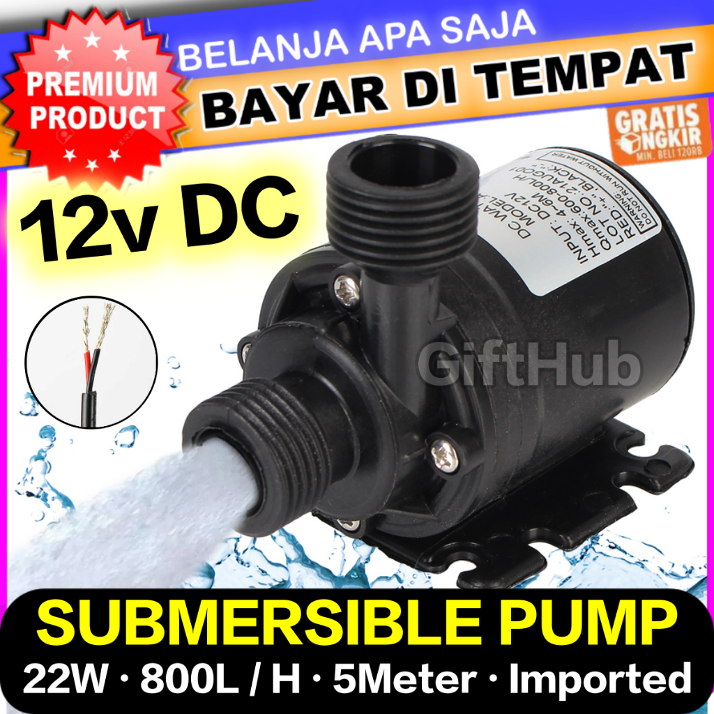 Pompa Air Mini Aquarium Ikan Submersible Pump Fish Tank 12V DC 22W Flow 800Liter / Jam High Pressure