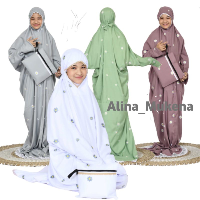 Mukena Terusan Anak Remaja Tanggung Mukenah Lajuran Santri Bordir Bunga Daisy By Alina_Mukena