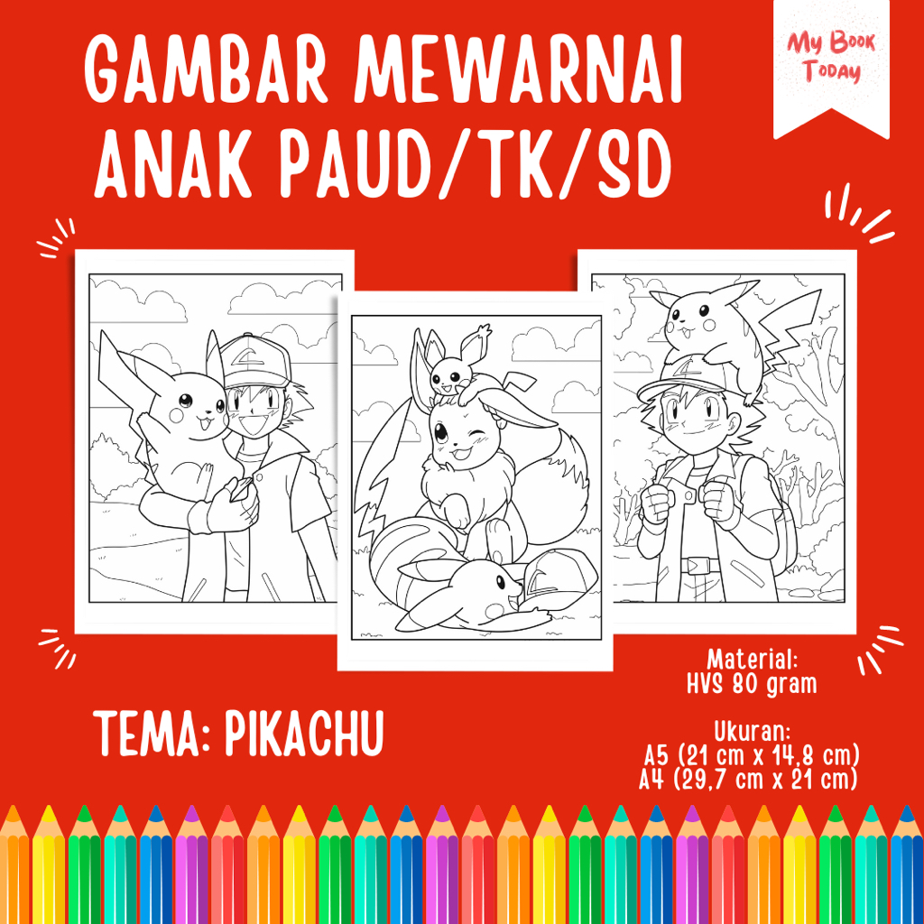 

[My Book Today] Lembar Kertas Sketsa Gambar Mewarnai untuk Anak Sekolah PAUD TK SD Tema Pikachu