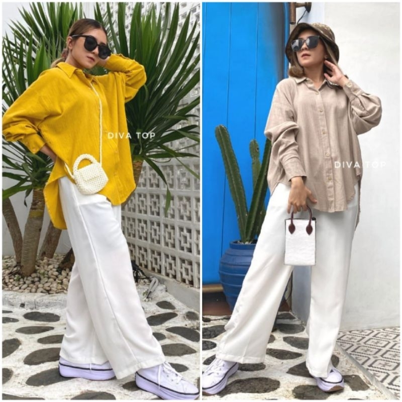 BISA COD GALERIAZKIYA DIVA TOP/ ATASAN OVERSIZED WANITA/ BAJU ATASAN JUMBO POLOS WANITA/ KEMEJA LINE