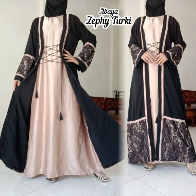 Abaya Zephy Turki kombinasi brukat dan tali sepatu