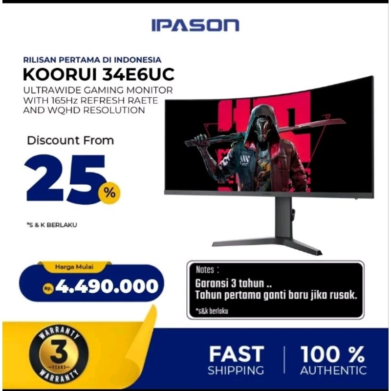 Monitor 34 inch KOORUI 34E6UC Curved Gaming Monitor 21:9 Ultra Wide 165Hz 1ms HDR 400