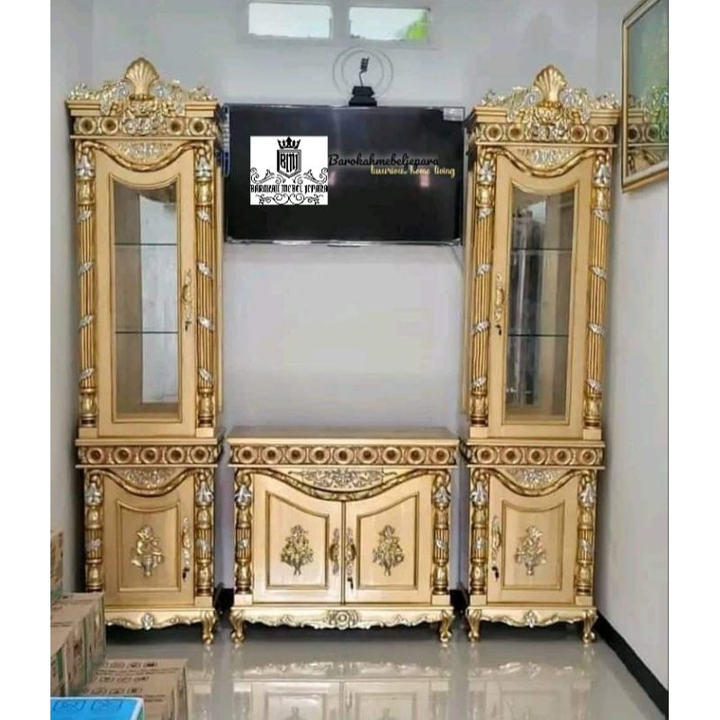 Bufet TV mewah ukir Jepara full emas pisah