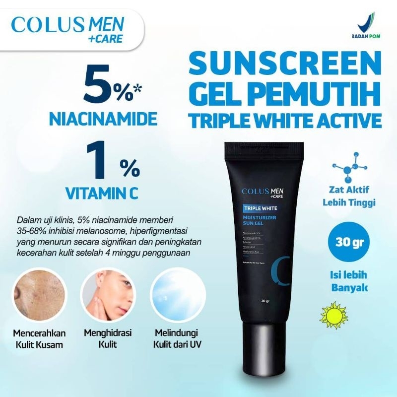 Sunscreen Pria | Colus Men | Triple White Active | Perlindungan Sinar UV & Mencerahkan Wajah|