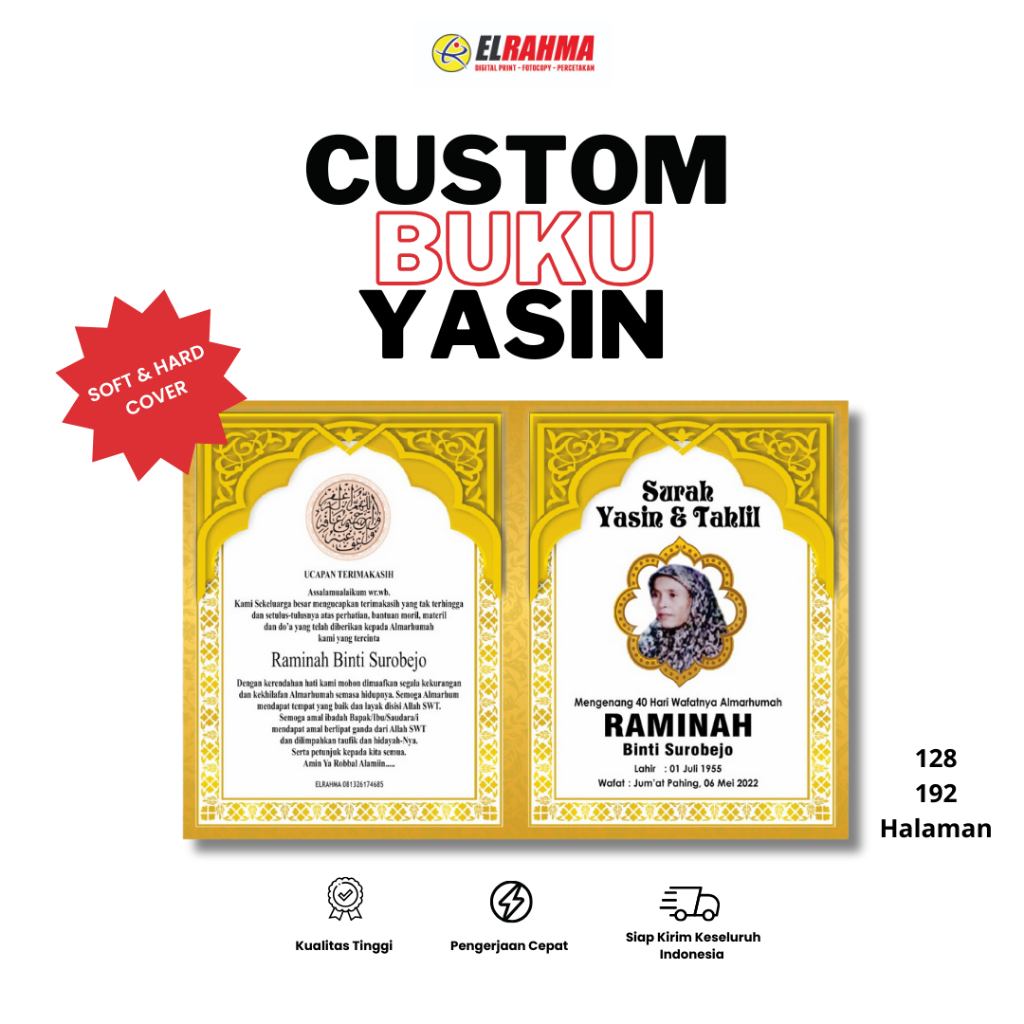 

CUSTOM BUKU YASIN SOFT COVER / HARD COVER / 128 & 192 HALAMAN / FREE DESIGN