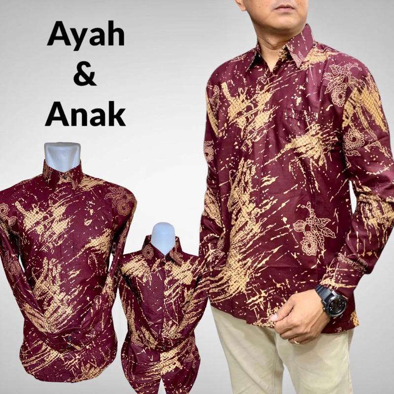 MAROON,BATIK COUPLE AYAH DAN ANAK lengan panjang lapisan furing heo warna merah maroon,kemeja batik 