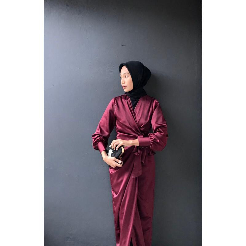 Kimono Wrap Dress Satin Sillk Premium Long Dresss Musliim M L XL XXL