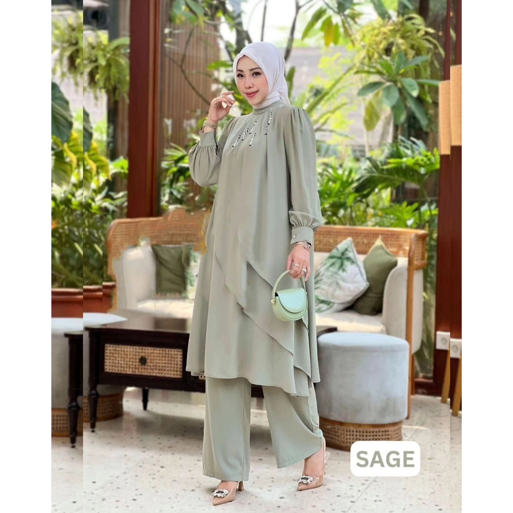 Dafiya Set One Set Muslim Terbaru 2023 Atasan + Celana Baju Setelan Wanita Bahan Crinkle Aksen Mutiara Payet GOM