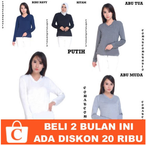 CORAT CORET Kaos Wanita T-Shirt Cewek Jumbo Big Size Panjang Polos Leher V Neck PUTIH HITAM ABU BIRU