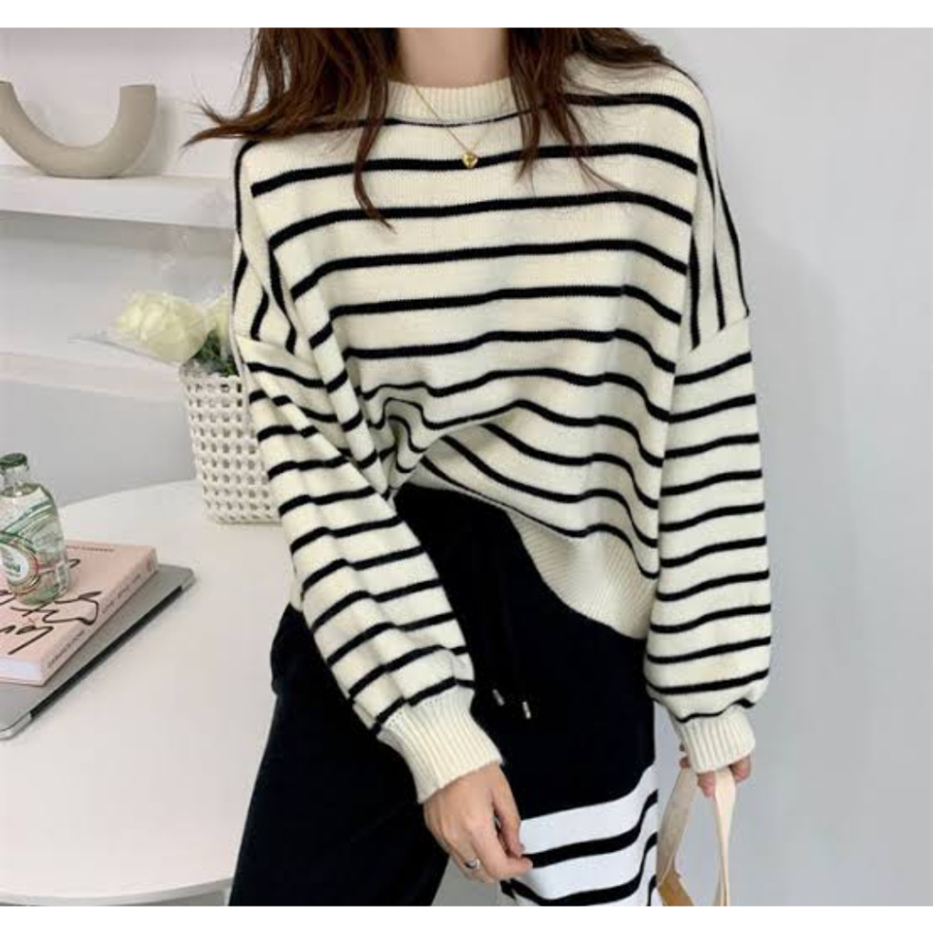 BAYONETA STRIP KNIT WANITA LEHER TURTLENECK TERBARU ATASAN RAJUT WANITA BAYONETA STRIP KNIT WANITA O