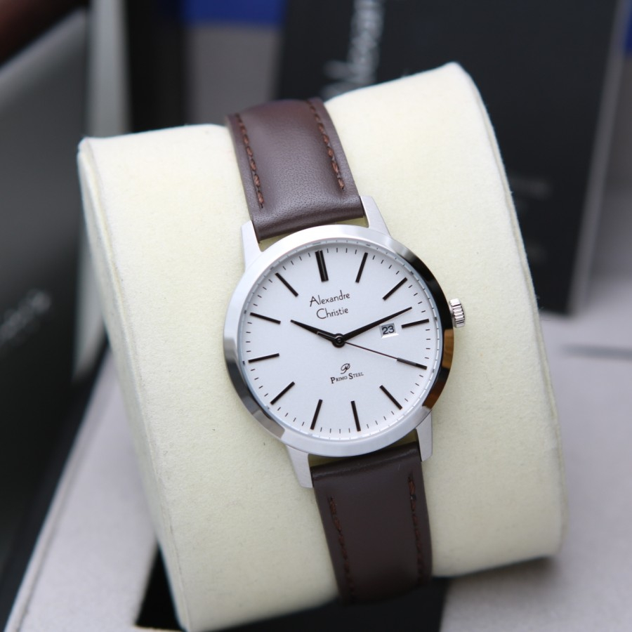 JAM TANGAN WANITA ALEXANDRE CHRISTIE AC 1007 SILVER BROWN KULIT. ORI