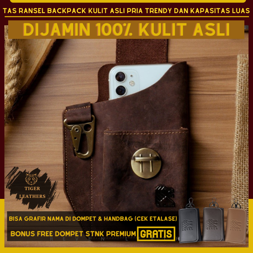 Tigerleathers - Tas Pinggang Tempat Dompet Hp Pria Kulit Asli Original 100 Import Terbaru
