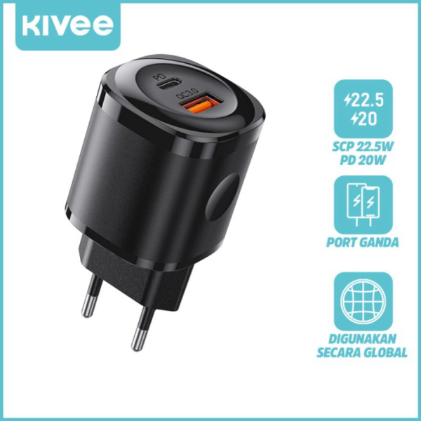Unik KEPALA CHARGER KIVEE QUICK CHARGER TYPEC 20WUSB 22.5W PD FAST CHARGE - Hitam Limited