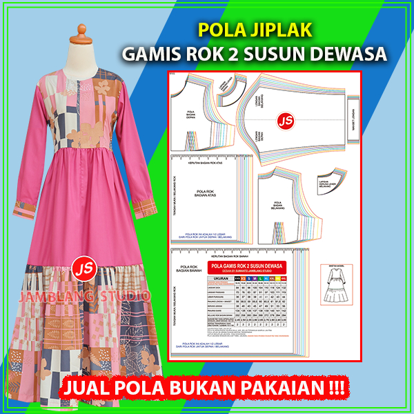Pola Jiplak Gamis Rok 2 Susun Dewasa 9 in 1