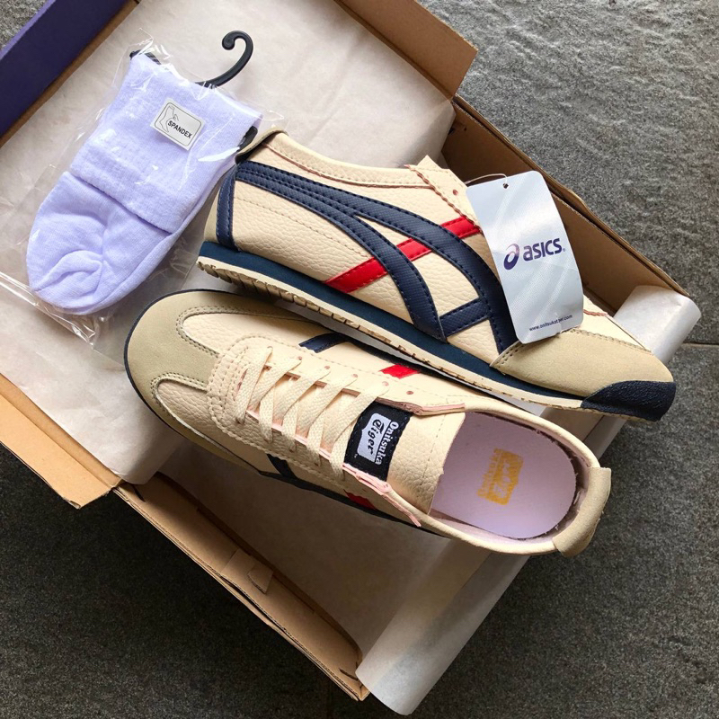 Sepatu Onitsuka Tiger Mexico 66 Cream Navy Merah Spatu Flat Shoes Pria Wanita Kulit Sintetis Premium