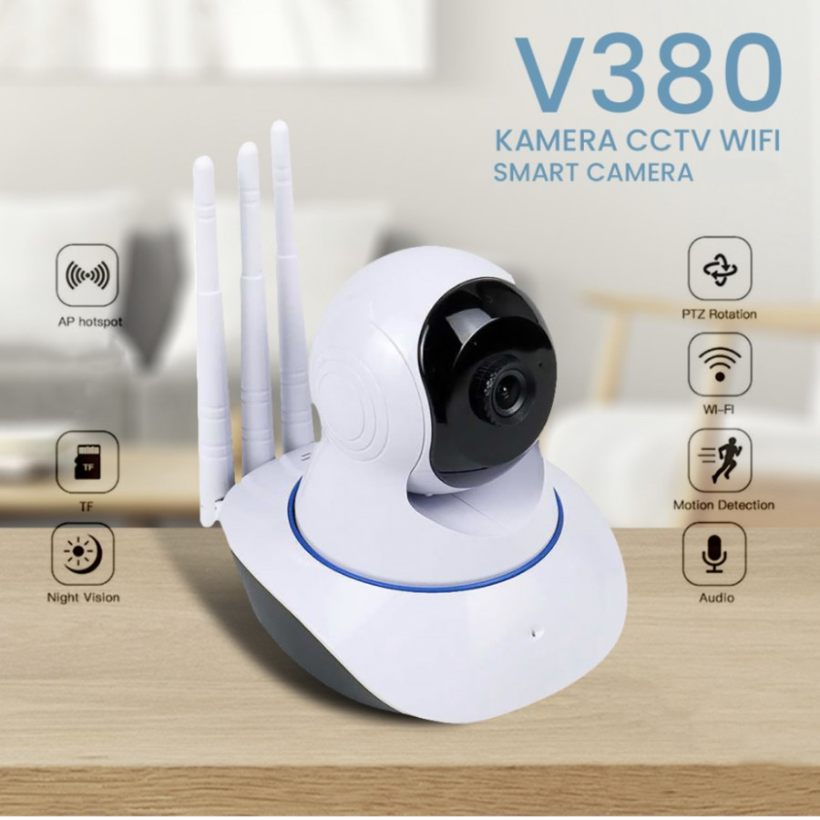 Kamera Keamanan v380 V380 Pro Wifi 3 Antena 1080P 360° Rotasi 128GB MicroSD