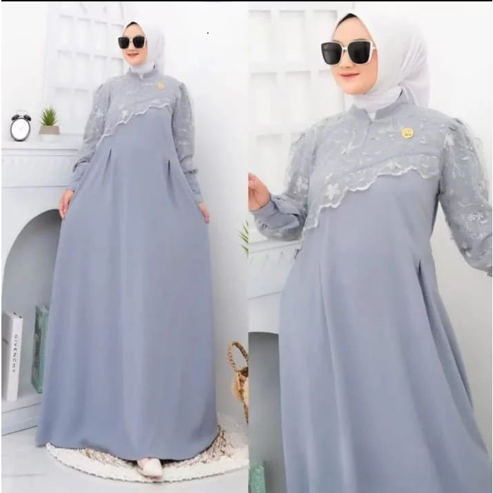 MEISYA DRESS Bahan Crinkle Airflow Premium Gamis Maxi Brokat Jumbo Warna Abu Dusty Mocca Sage Dress 