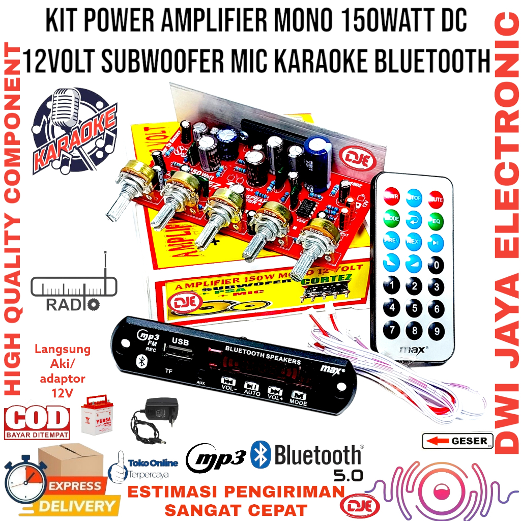 Kit Power Amplifier Mono 150watt DC 12V Subwoofer Mic Plus MP3 Bluetooth