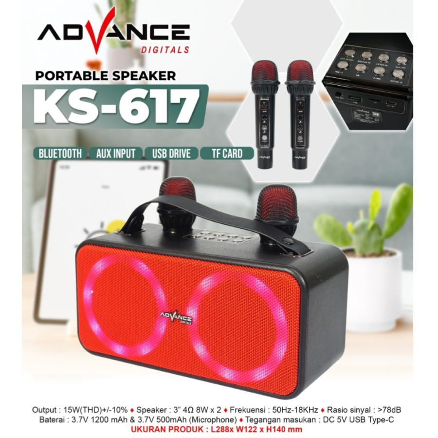 ADVANCE KS-617 SPEAKER PORTABLE KARAOKE FREE 2 MIC WIRELESS