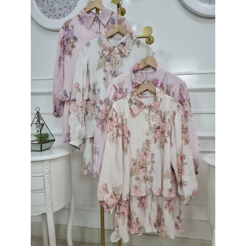 RESIN FASHION - Kemeja Meijiwang Plisket Bunga bahan ceruti