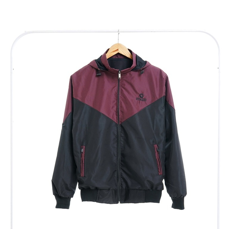 Jaket Olahraga Parasut Windbreaker Kombinasi Maroon Hitam