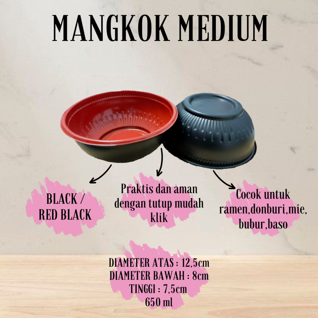 TRAY MANGKOK (RAMEN,DONBURI,BUBUR,BENTO) MEDIUM BLACK / RED BLACK 650 ml PREMIUM