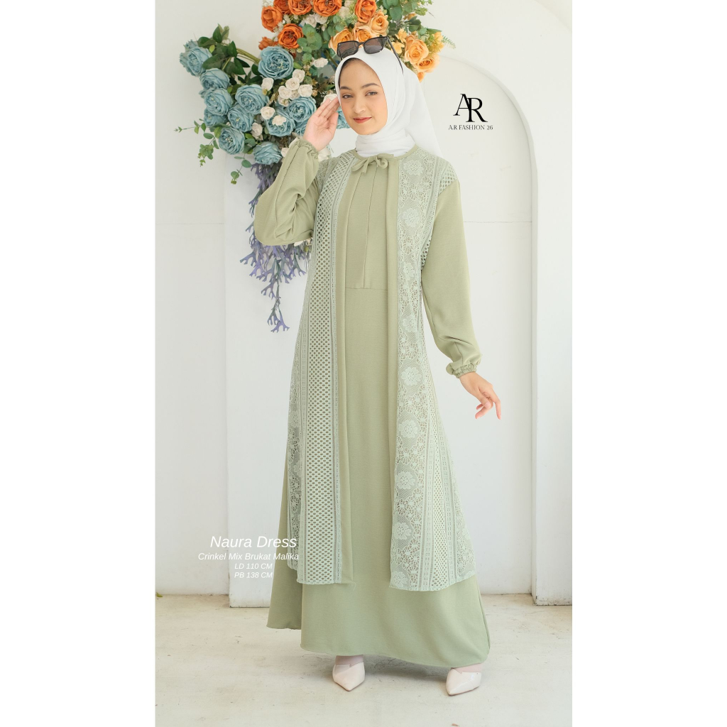 Naura Dress Terbaru / Gamis Crinkle Premium Mix Brukat Malika / Gamis Simple Elegan / Gamis Pesta