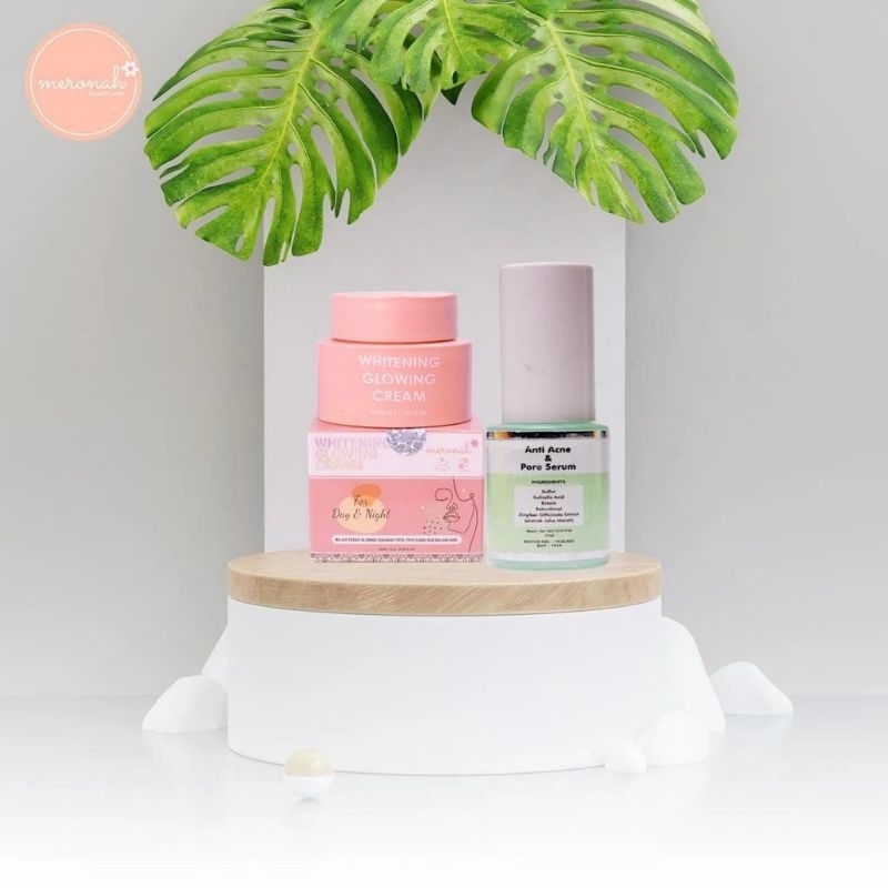 MERONAH Whitening Glowing Cream 2in1 Paket Serum Anti Acne & Pore Krim Siang Malam ORIGINAL 100% Ter