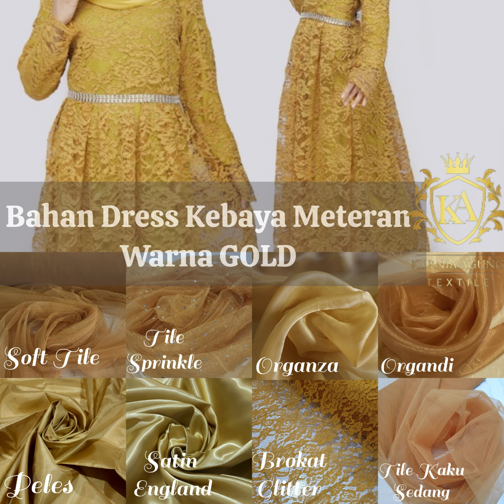 1/2 meter Kain Warna GOLD Soft Tulle Satin Velvet Organdi Organza Brokat Meteran Polos Bahan Dress K