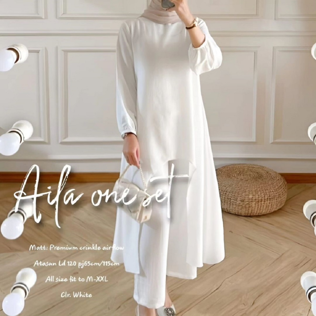 [TERMURAH] Aila Oneset Polos Crinkle Airflow Size Jumbo 3XL Warna Putih Batta Model Terbaru 2023 Set