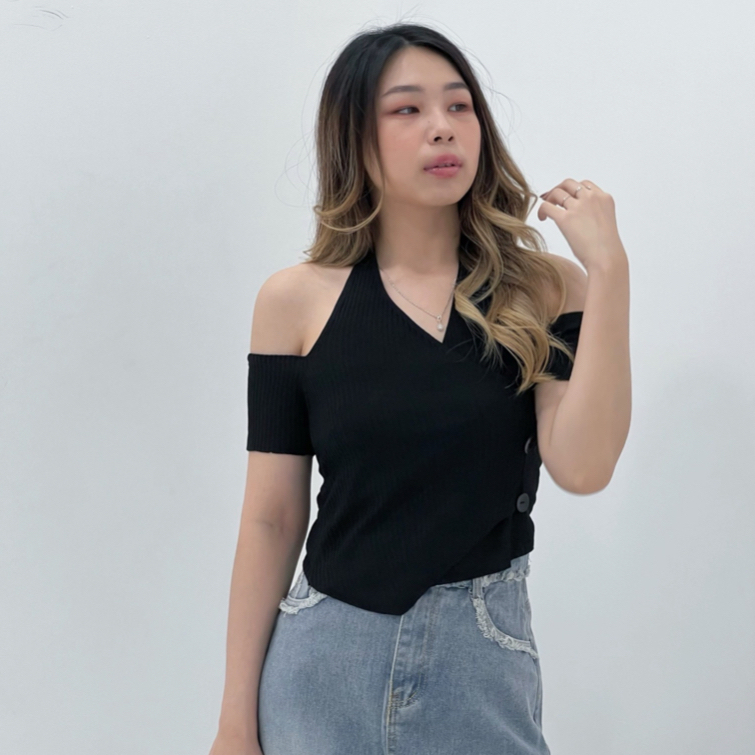 Kimora Top Wanita Baju Kekinian Off-Shoulder Rajut Korean Syle Kasual