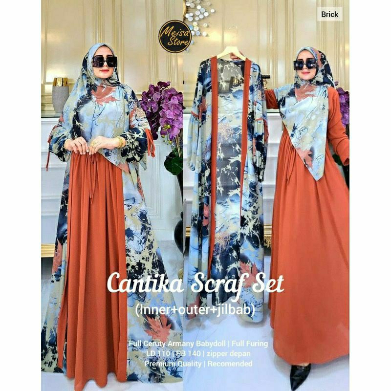 GAMIS PESTA MEWAH ELEGAN CANTIKA SCRAF SET 3IN1 / R FASHION / GAMIS SET HIJAB / TERMURAH / TERLARIS 