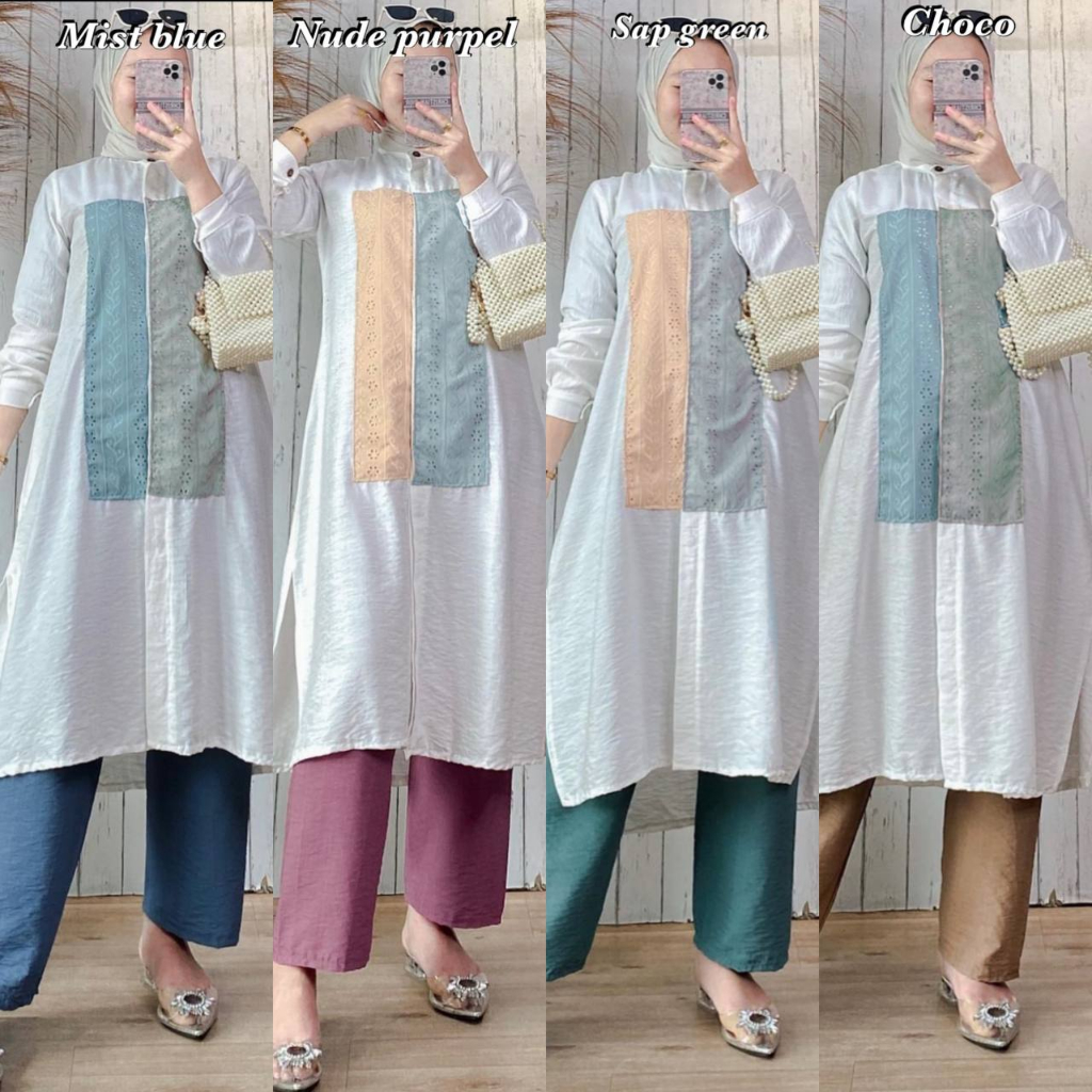 Setelan Wanita Tunik Linen Bordir Celana Airflow