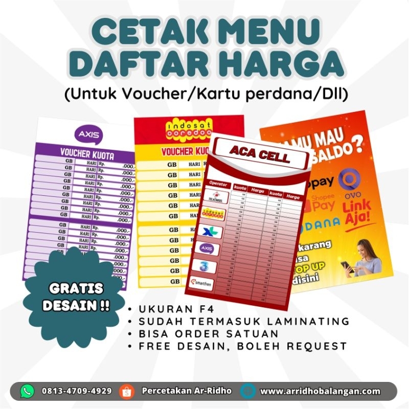 

Cetak Daftar Harga Ponsel/Cetak Menu Ponsel/Menu Konter Pulsa